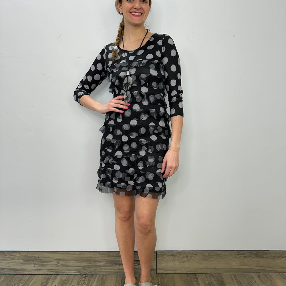 Black and Grey Dots Scoop Neck Ruffle Dress