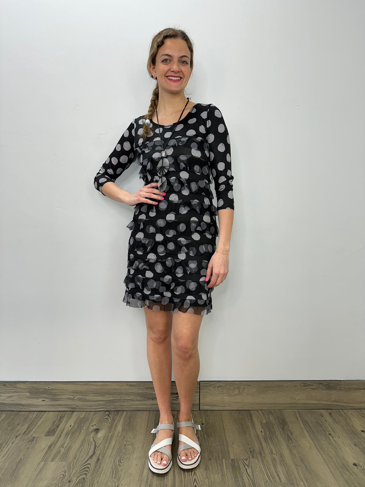 Black and Grey Dots Scoop Neck Ruffle Dress