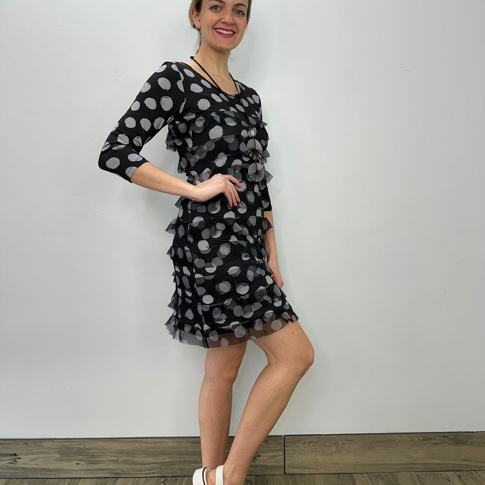 Black and Grey Dots Scoop Neck Ruffle Dress