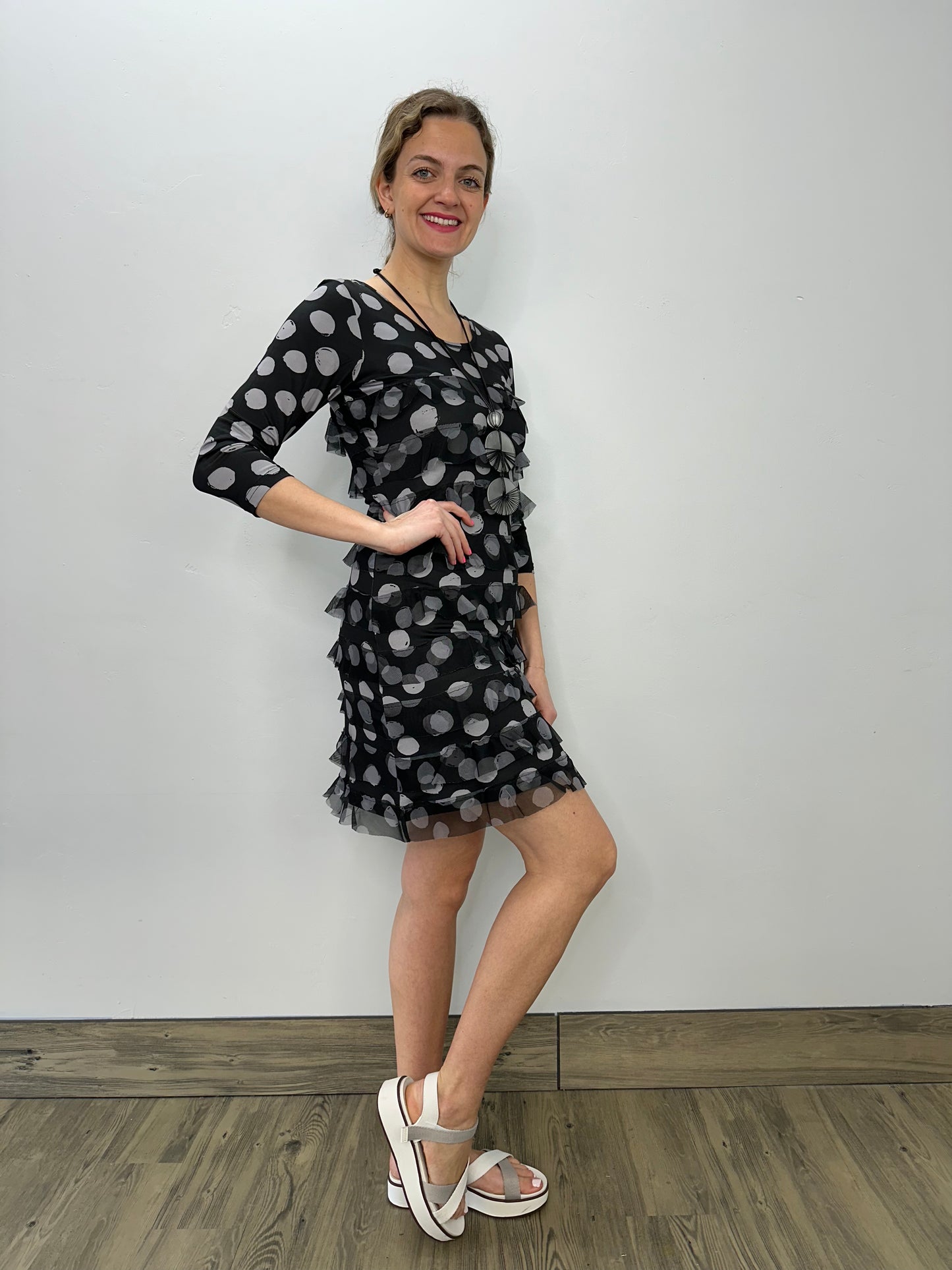 Black and Grey Dots Scoop Neck Ruffle Dress