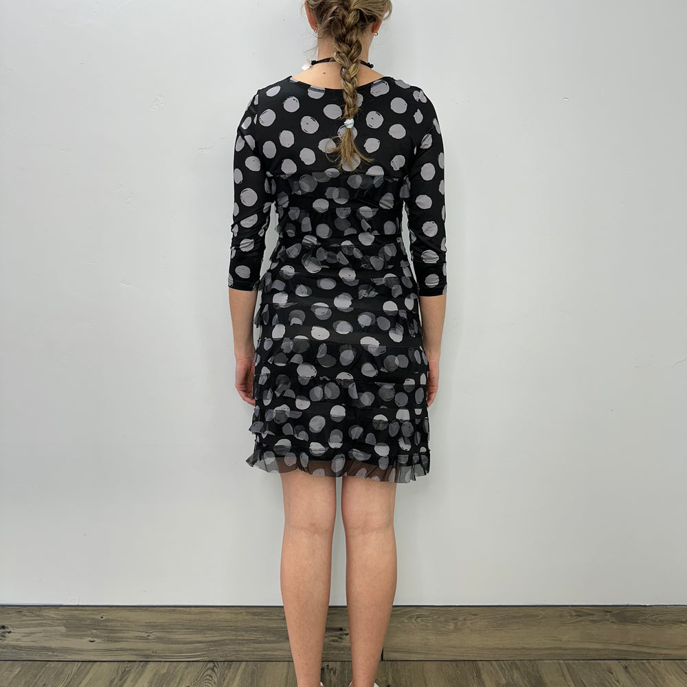 
                  
                    Black and Grey Dots Scoop Neck Ruffle Dress
                  
                