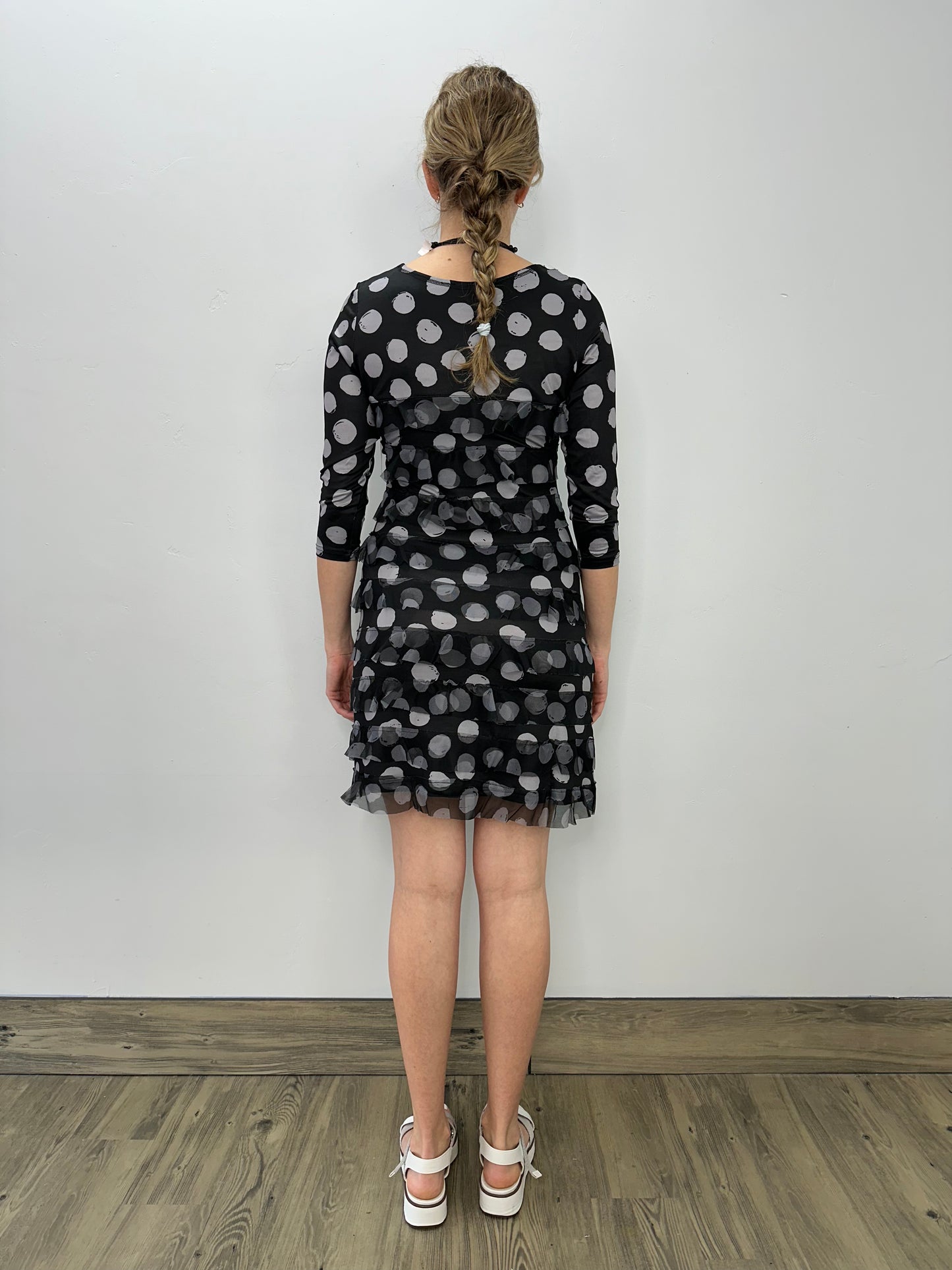Black and Grey Dots Scoop Neck Ruffle Dress