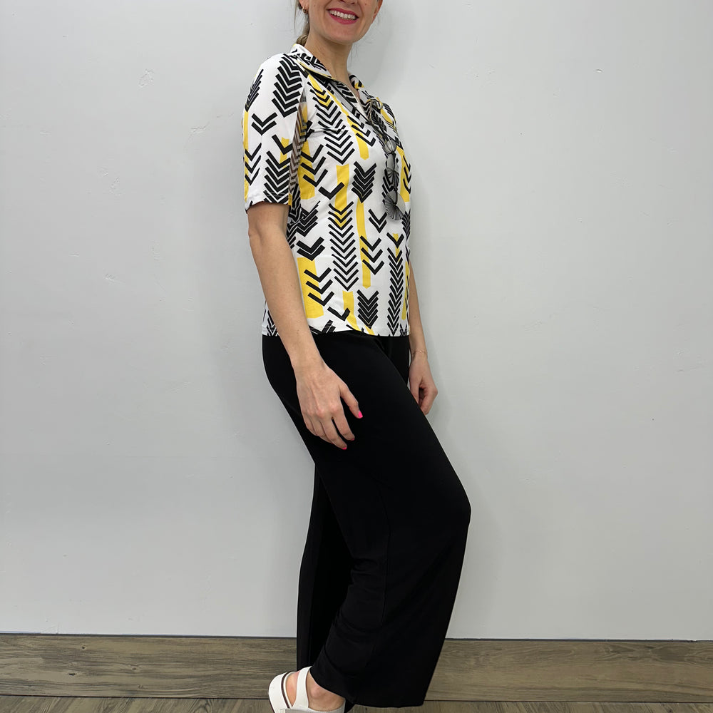 Short Sleeve Half Zip Yellow Print Top