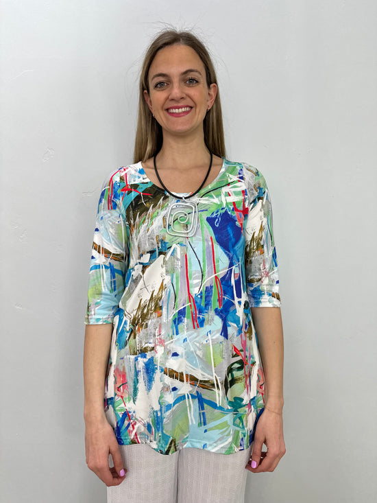 Abstract Green and Blue ITY 3/4 Sleeve Top