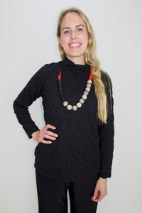Black Puckered Turtleneck Long Sleeve Top