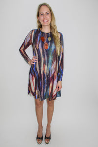 Deep Watercolor Long Sleeve A-Line Dress