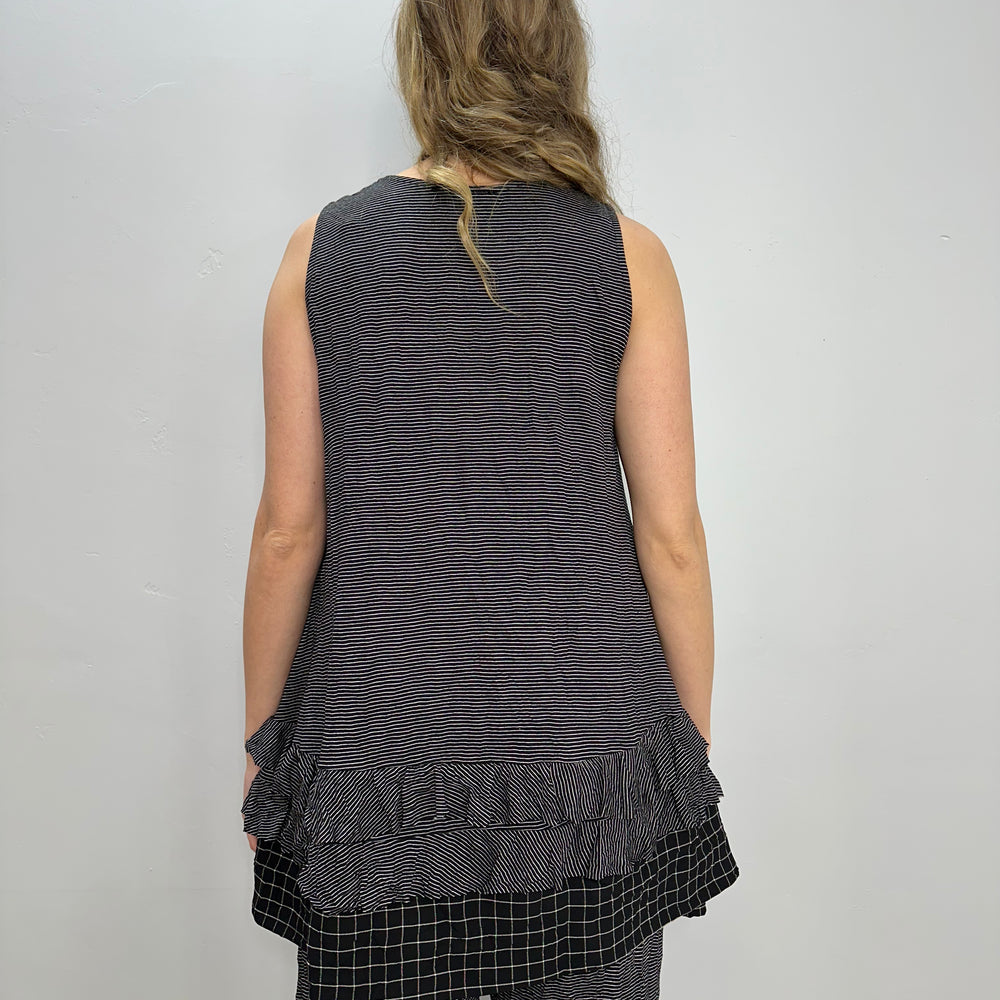 Mixed Media Triple Ruffle Striped Sleeveless Top