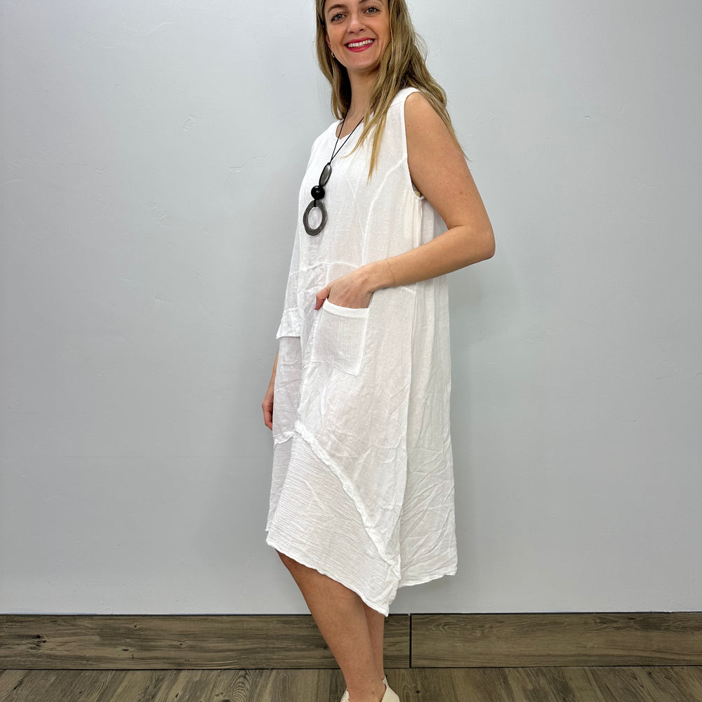 White Linen Waffle Weave Accent Dress