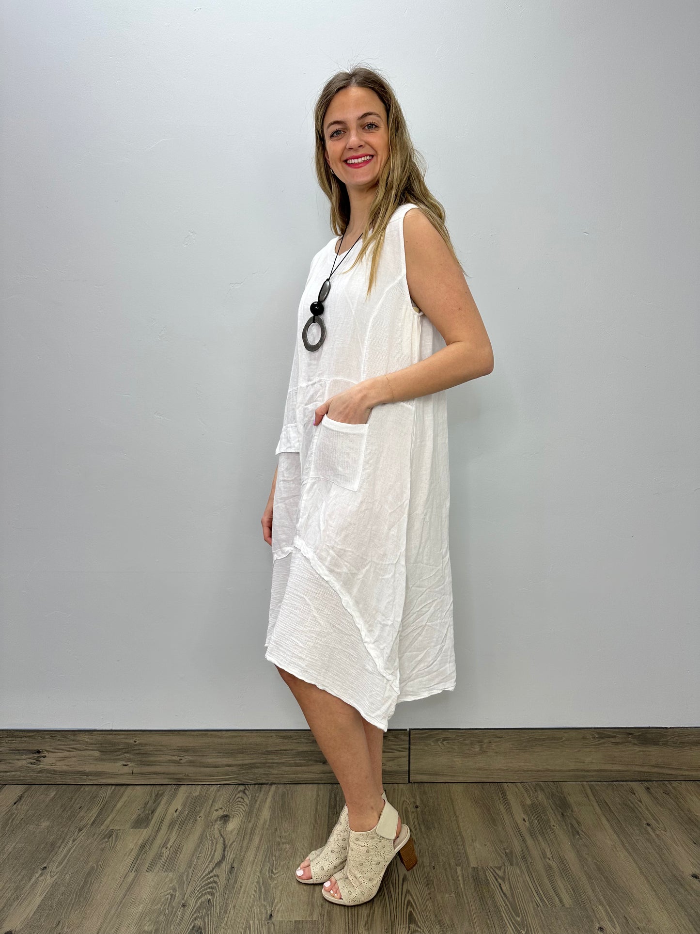 White Linen Waffle Weave Accent Dress