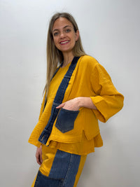 Sunshine Yellow Cotton Gauze Cardigan with Denim Accents