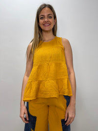 Sunshine Yellow Cotton Gauze Tiered Sleeveless Tank
