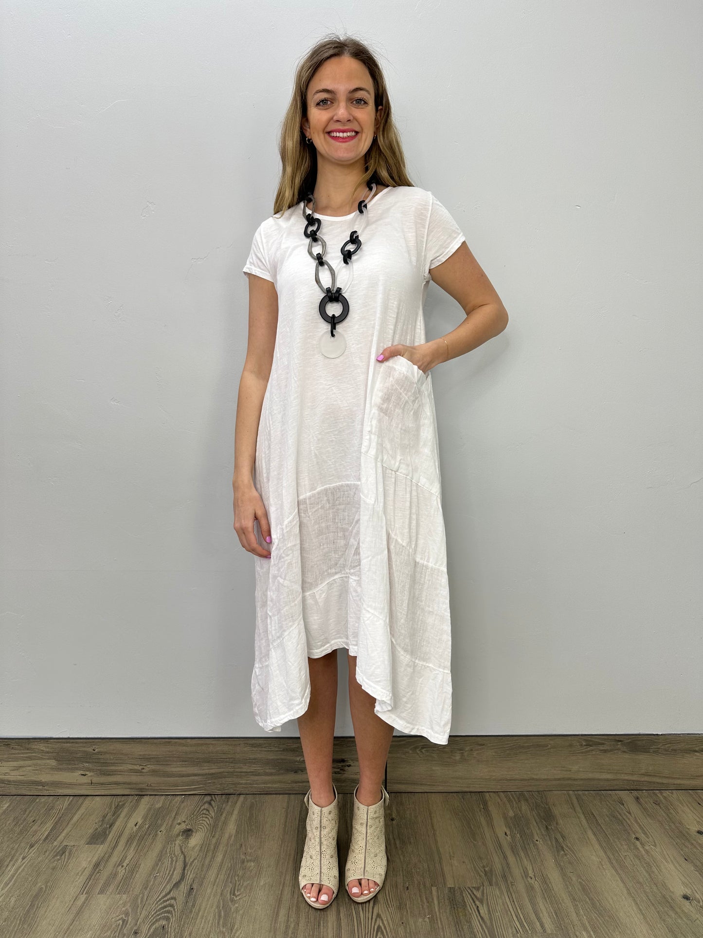 White Cotton Linen Shark-bite Dress