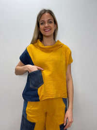 Sunshine Yellow Cotton Gauze Short Sleeve Top With Cowl Neck