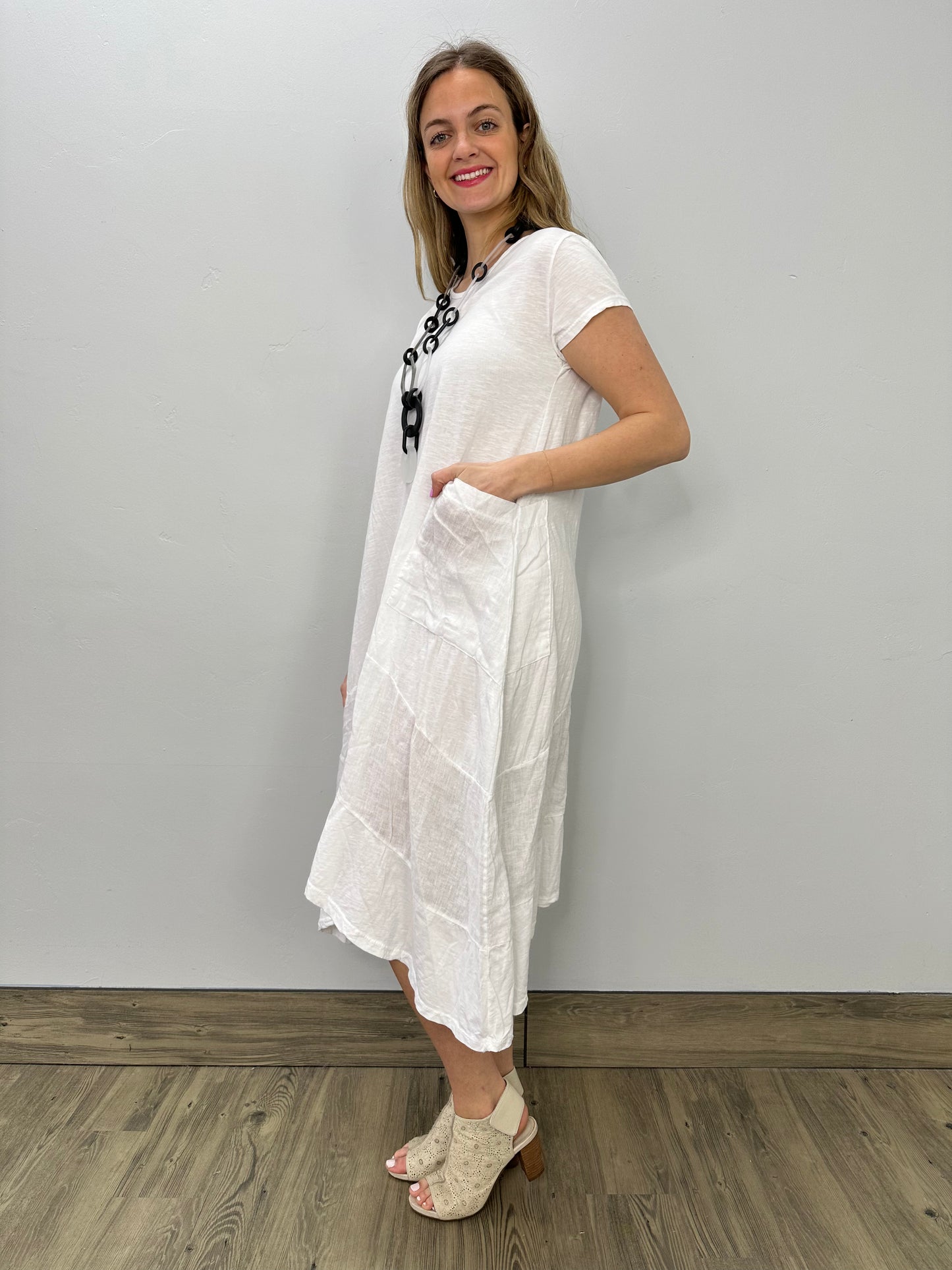 White Cotton Linen Shark-bite Dress