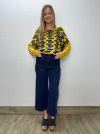 Sunshine Yellow Distressed Pullover with Recycled Denim