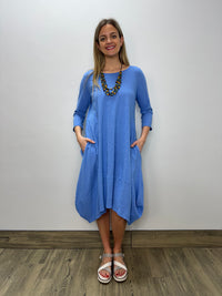 Cool Blue Cotton Tulip Dress with Pockets