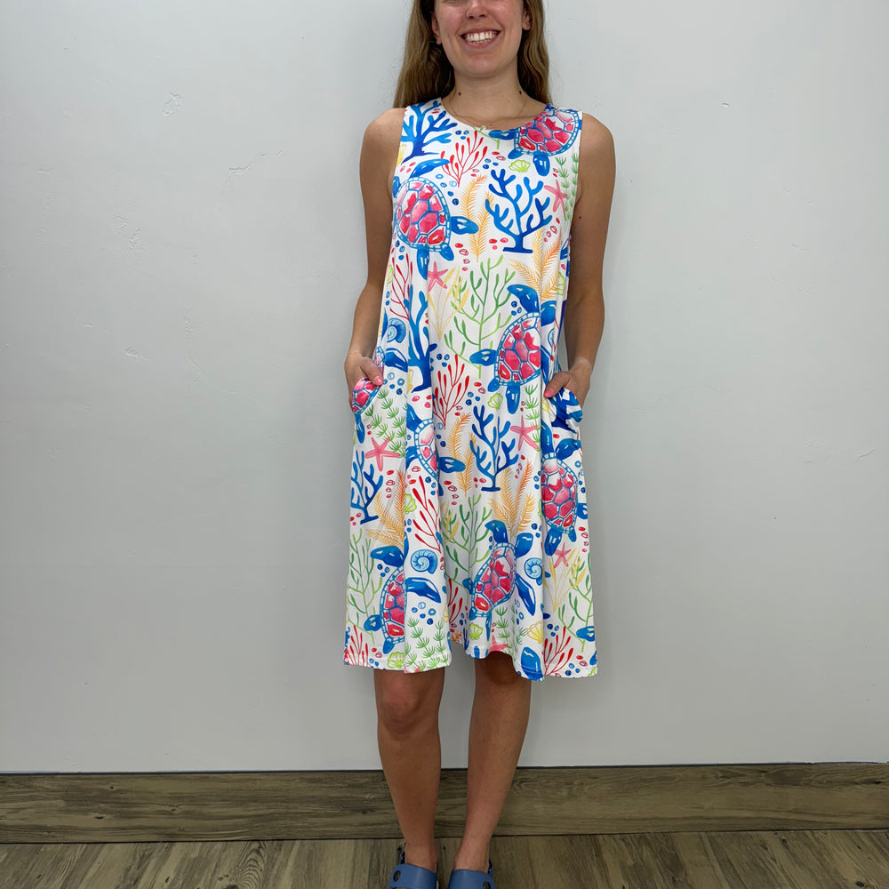 Turtle Pattern Sleeveless Aline Dress with Keyhole