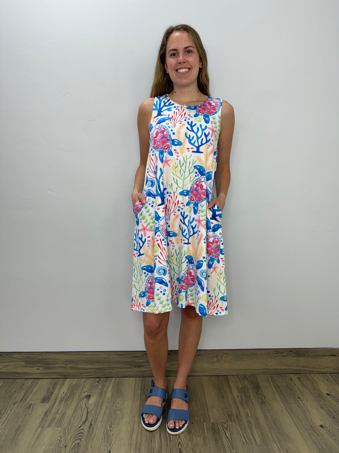 Turtle Pattern Sleeveless Aline Dress with Keyhole