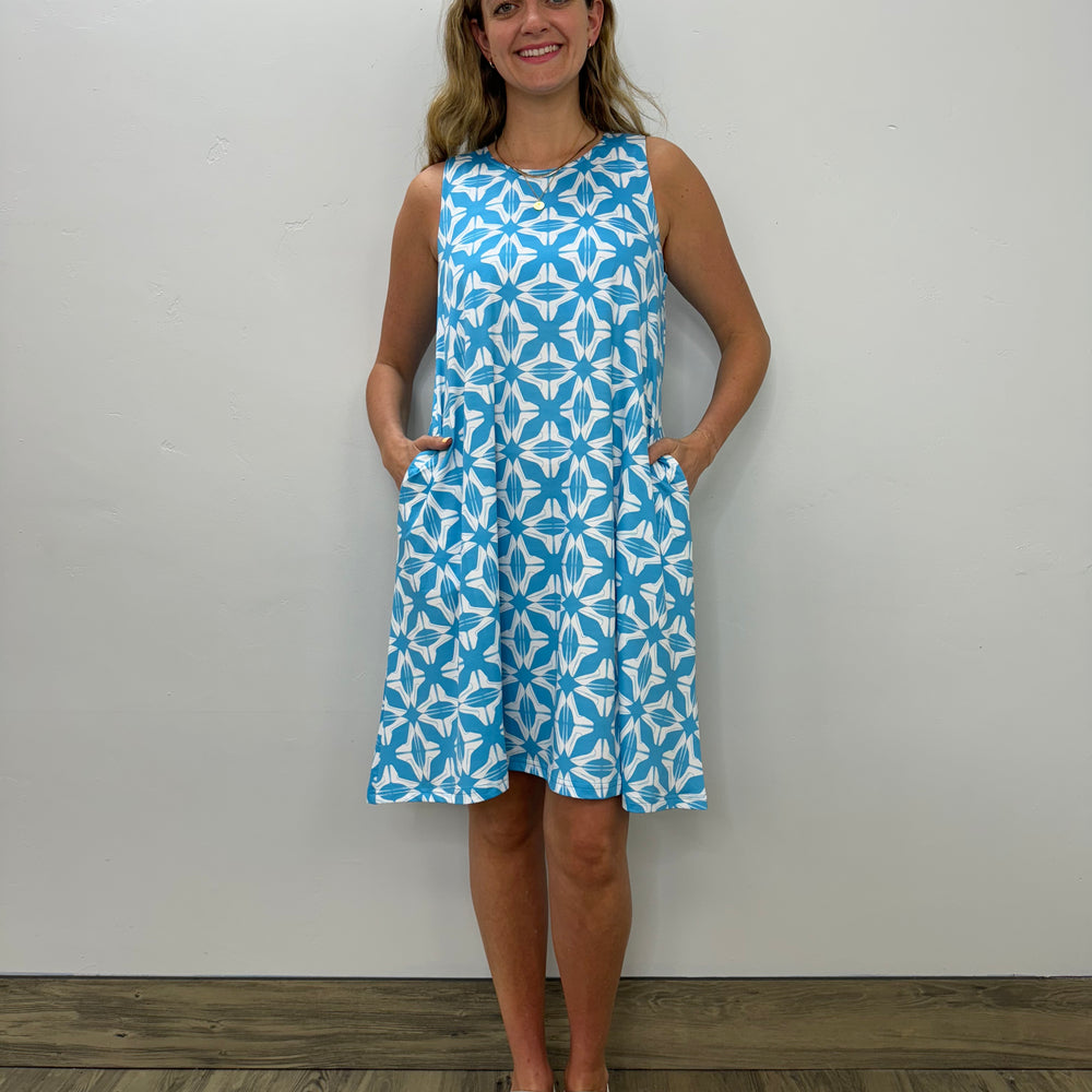 Blue Diamond Sleeveless Aline Dress with Keyhole