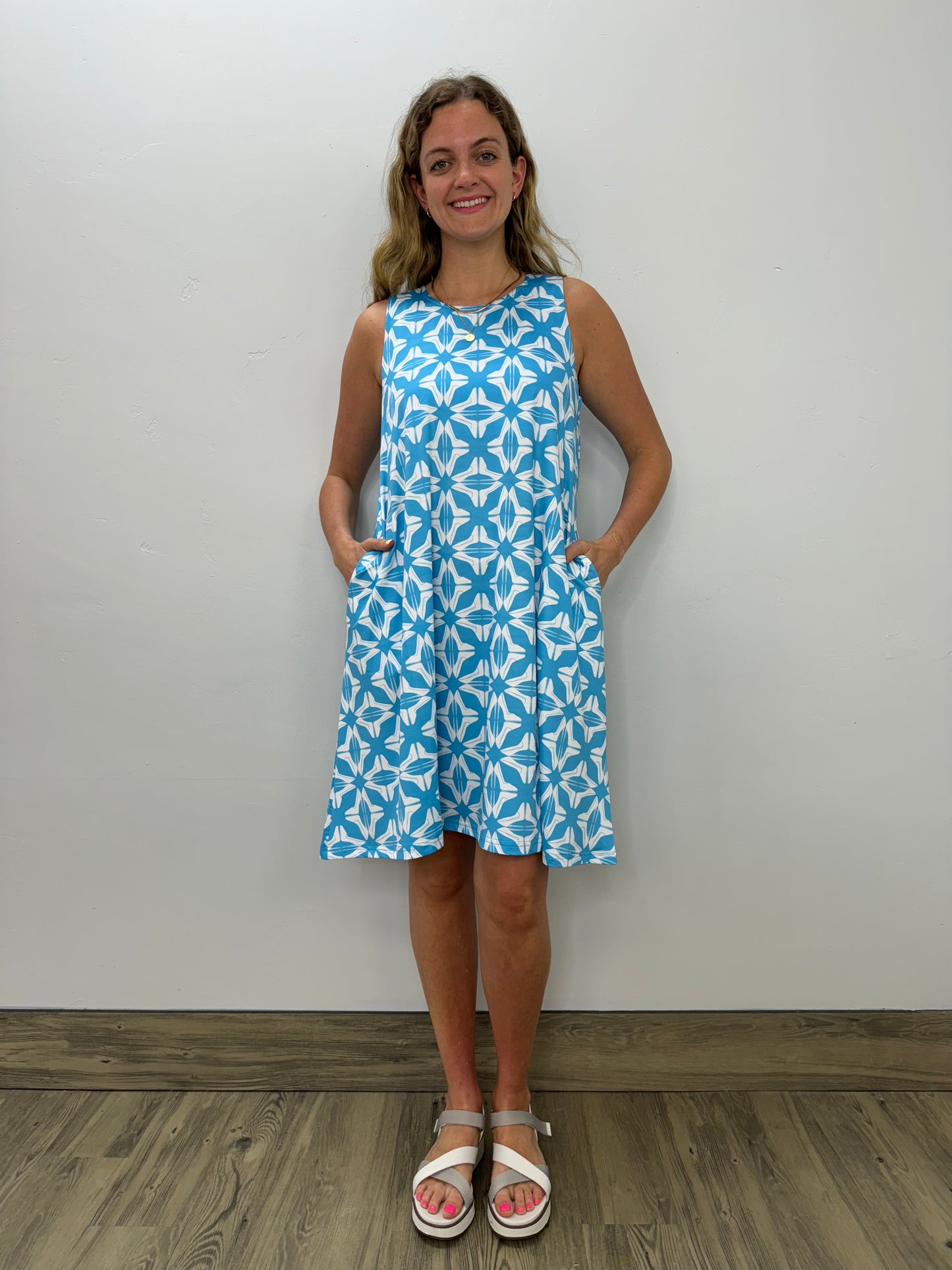 Blue Diamond Sleeveless Aline Dress with Keyhole