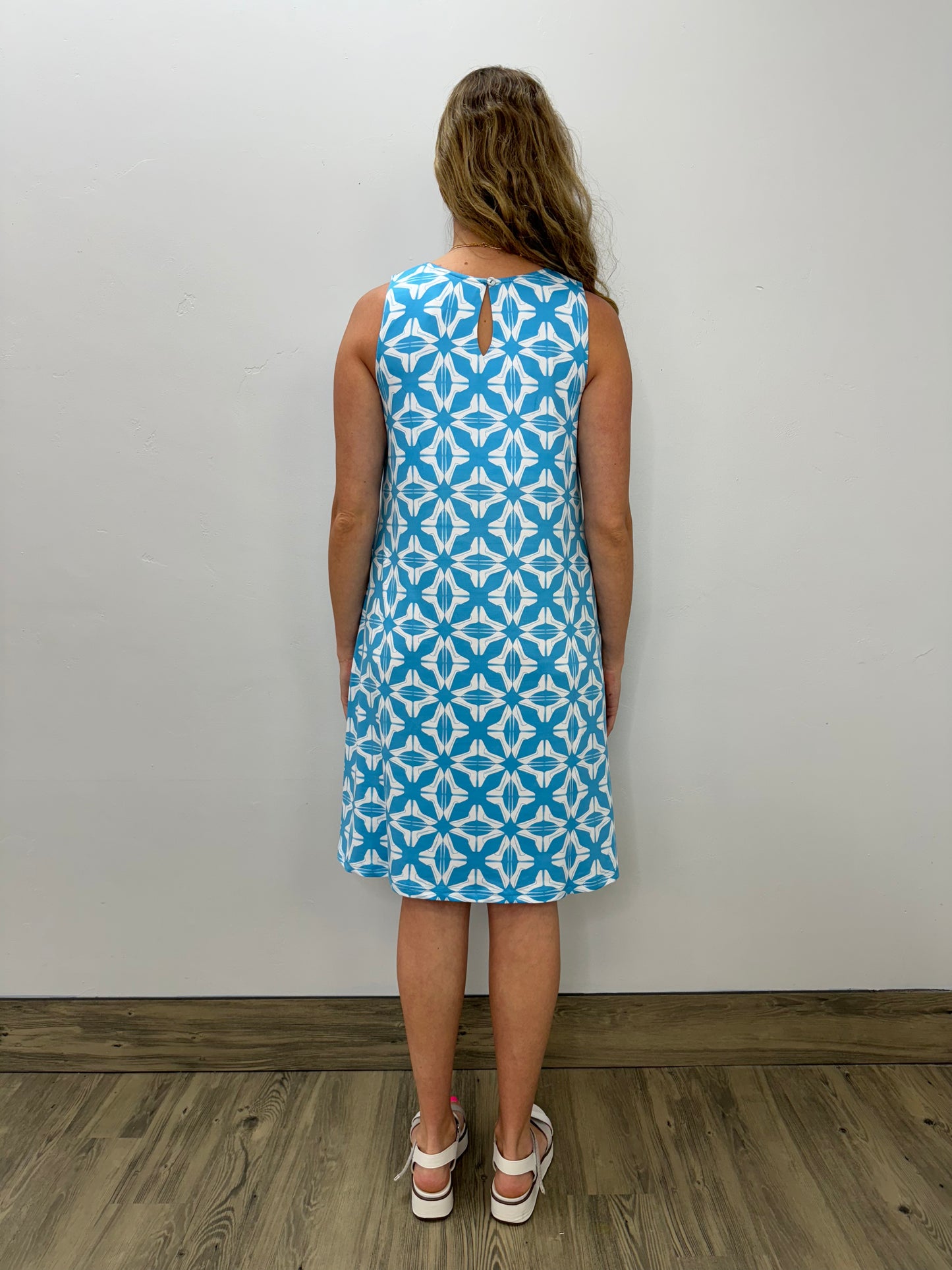 Blue Diamond Sleeveless Aline Dress with Keyhole