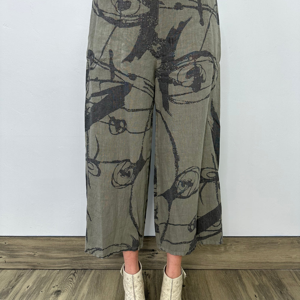 
                  
                    Olive Brush Strokes Linen Flat Front Crop Pant with Adjustable Waist
                  
                