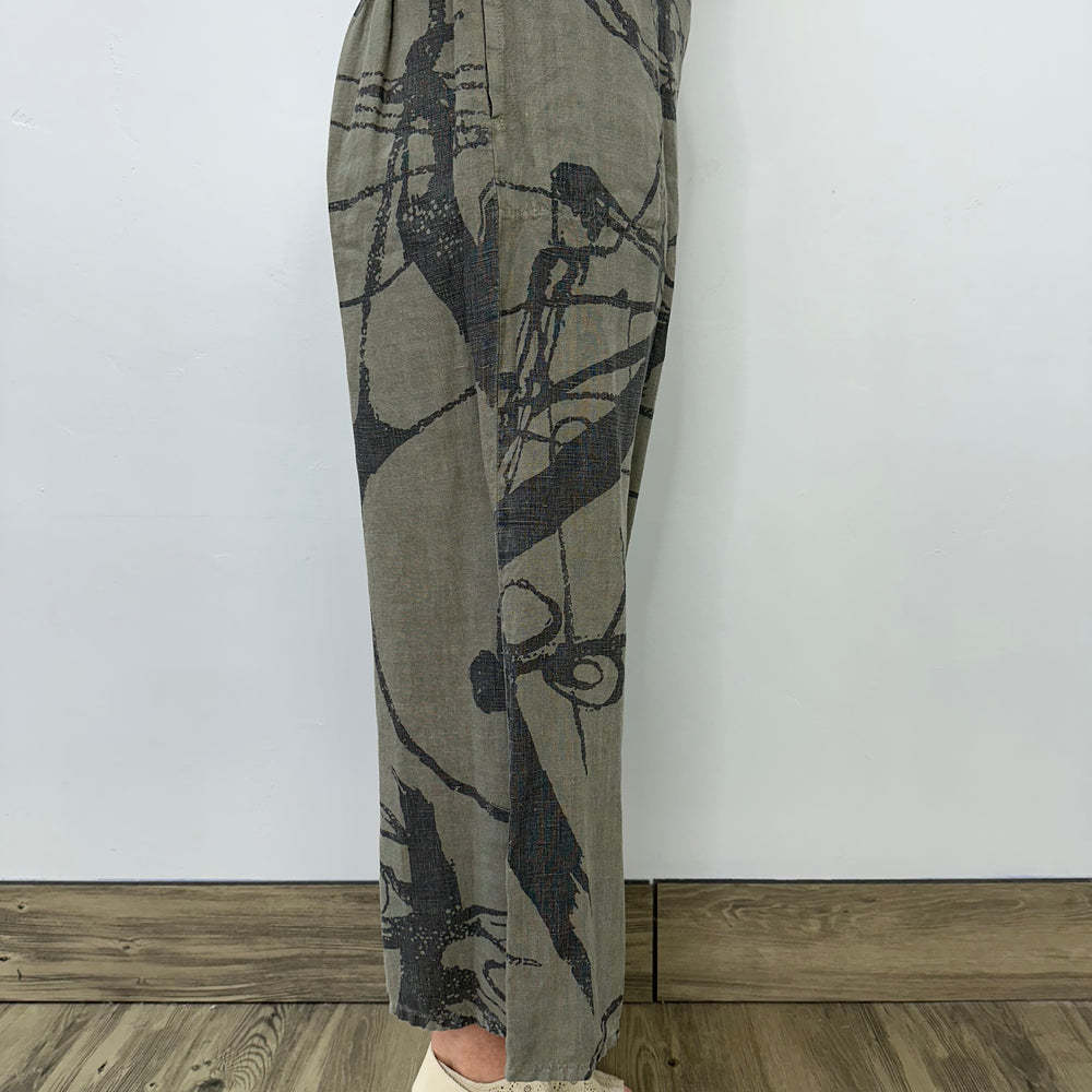 Olive Brush Strokes Linen Flat Front Crop Pant with Adjustable Waist