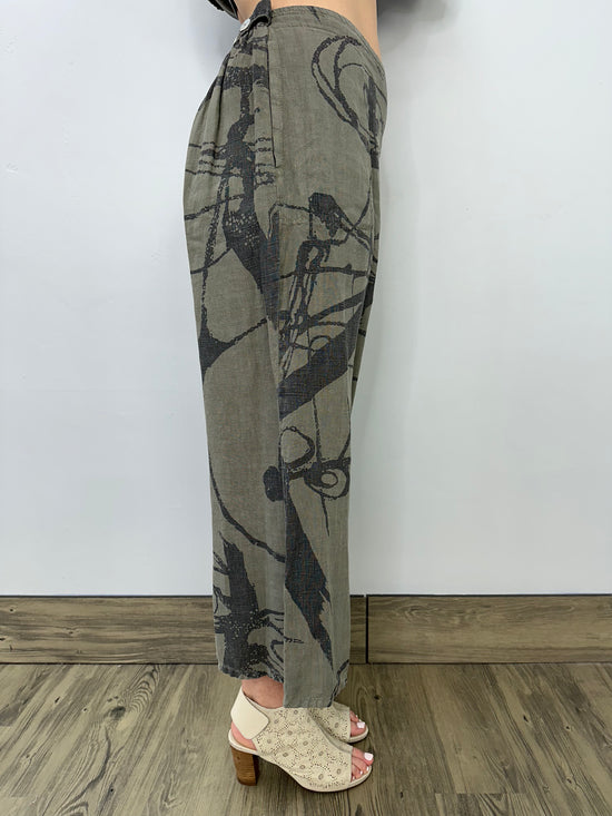 Olive Brush Strokes Linen Flat Front Crop Pant with Adjustable Waist