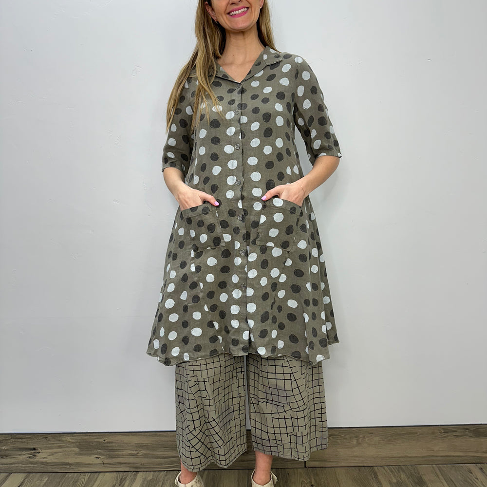 Olive Dots Linen Button Up Shirt Dress