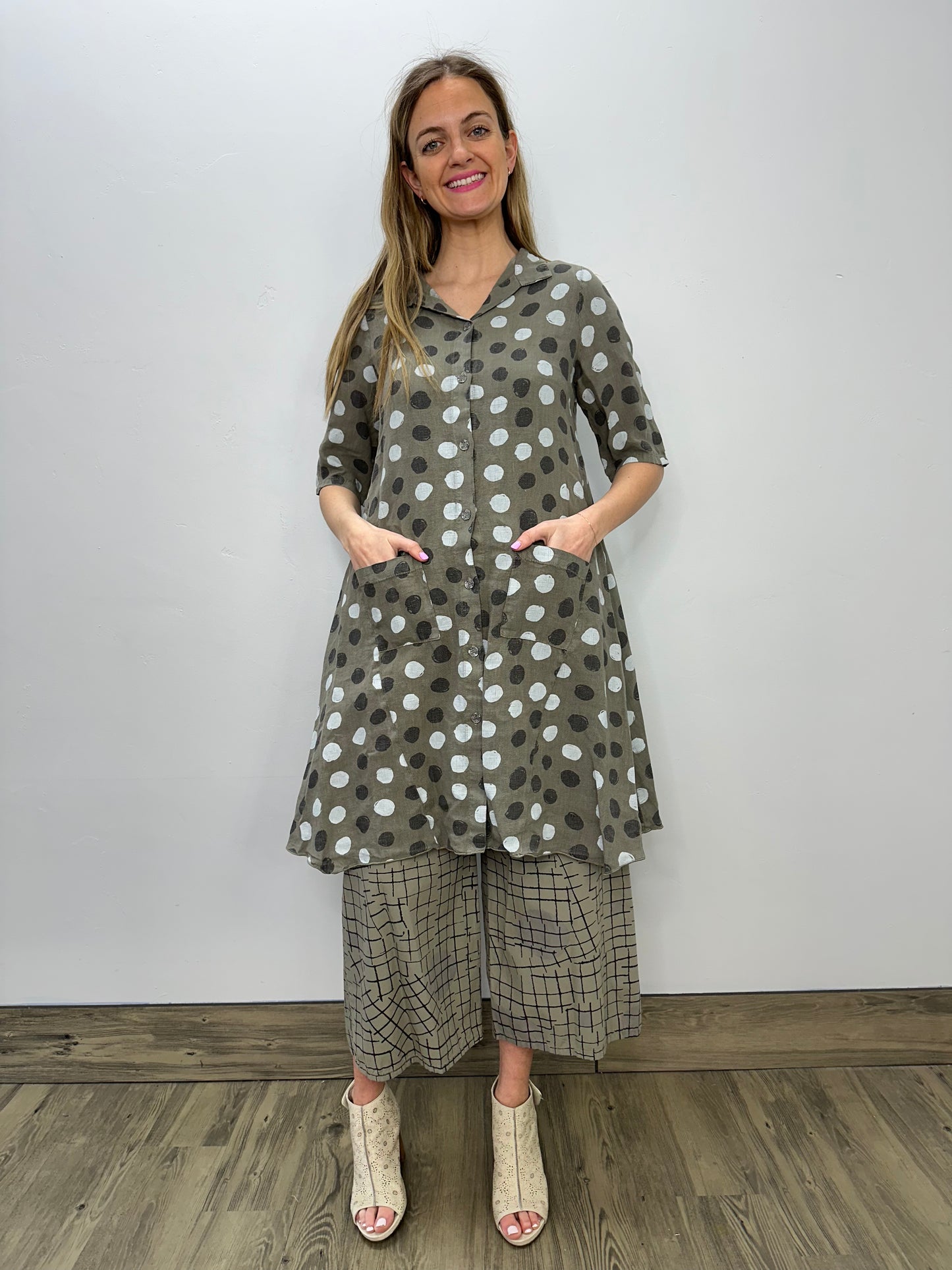 Olive Dots Linen Button Up Shirt Dress