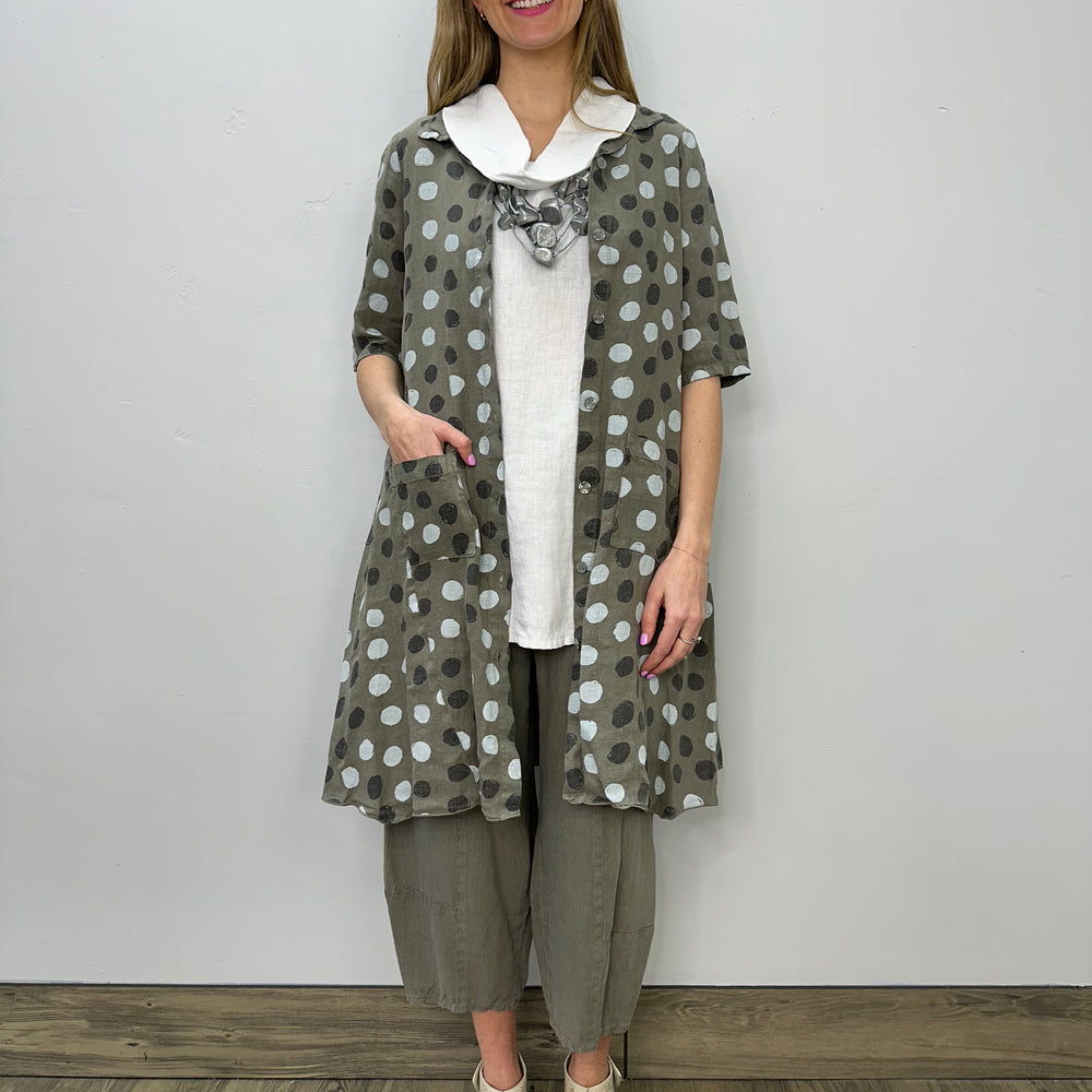 Olive Dots Linen Button Up Shirt Dress