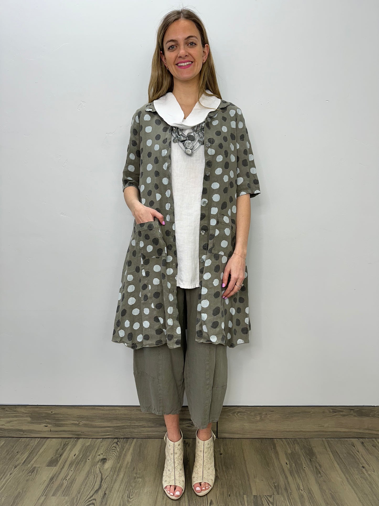 Olive Dots Linen Button Up Shirt Dress