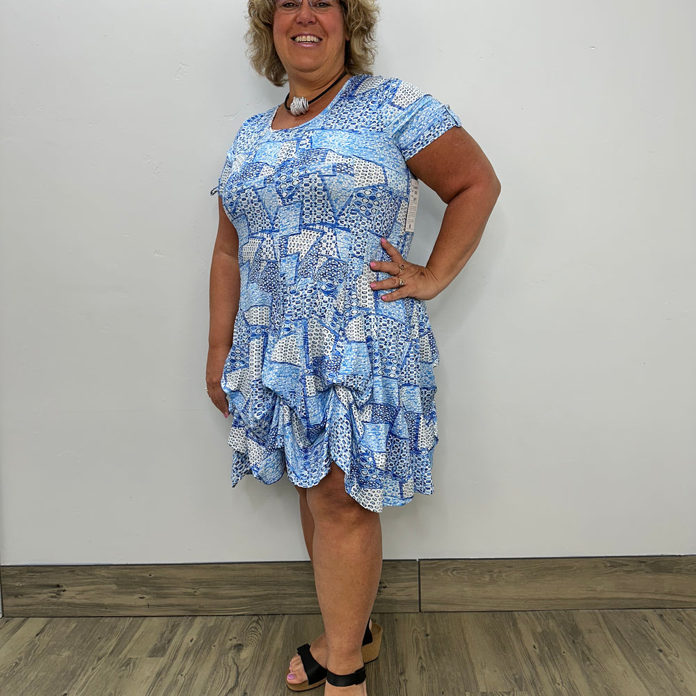 Blue Pattern Short Sleeve Bubble Dress