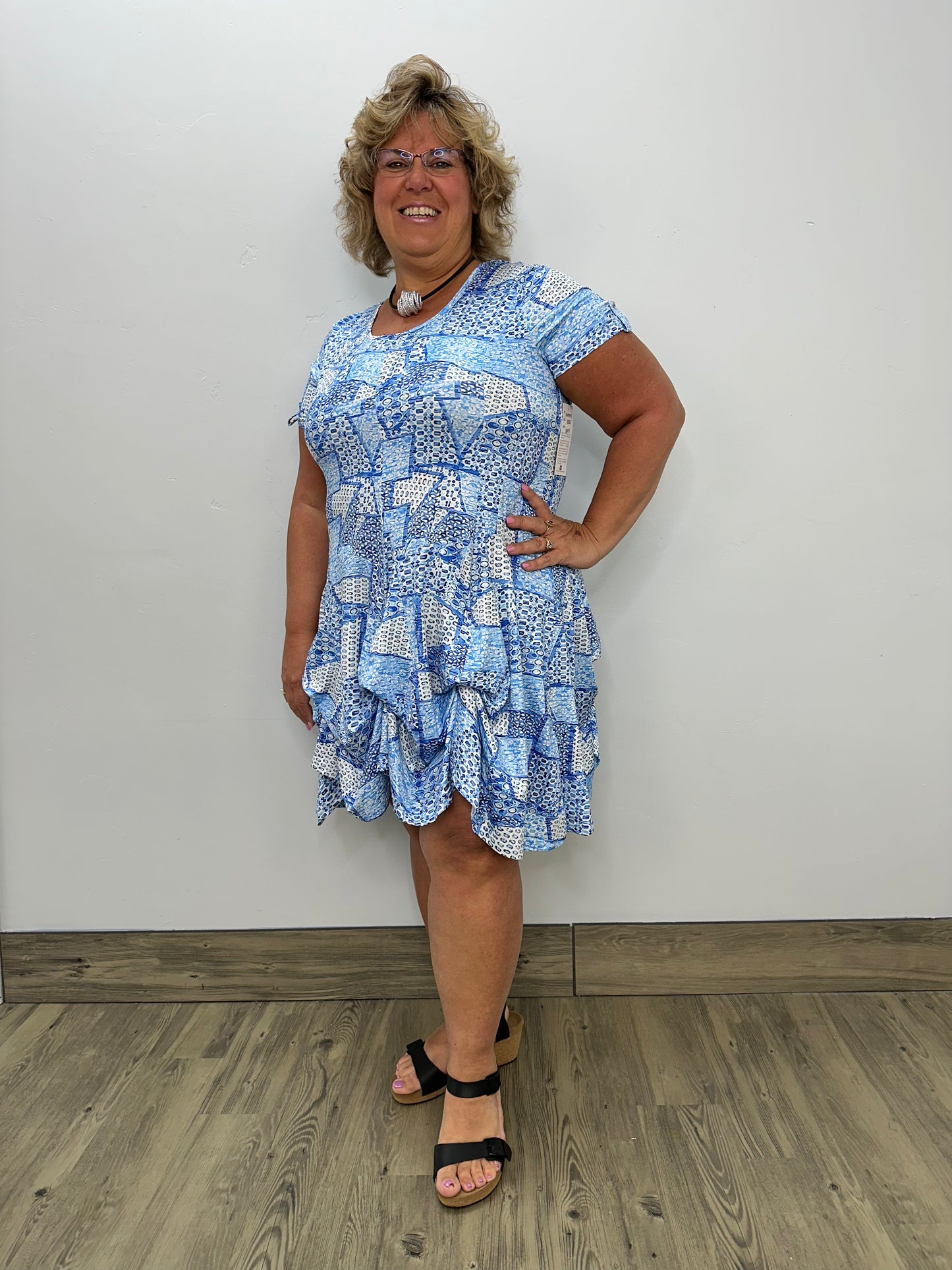 Blue Pattern Short Sleeve Bubble Dress