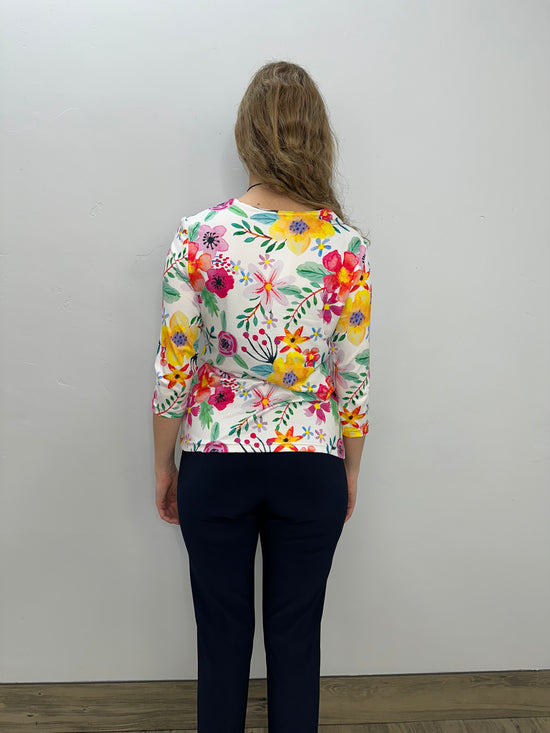 Floral White Crew Neck 3/4 Sleeve Top