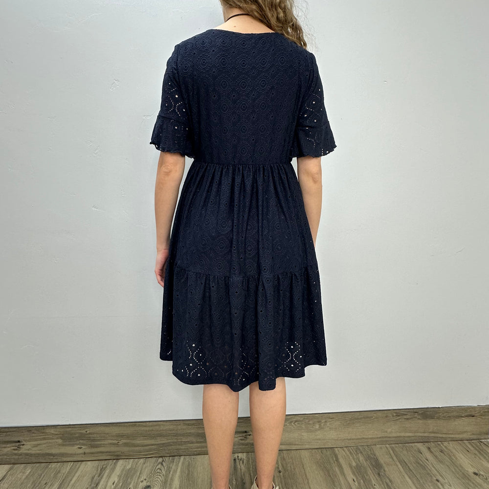 
                  
                    Long Navy Ruffle Dress
                  
                