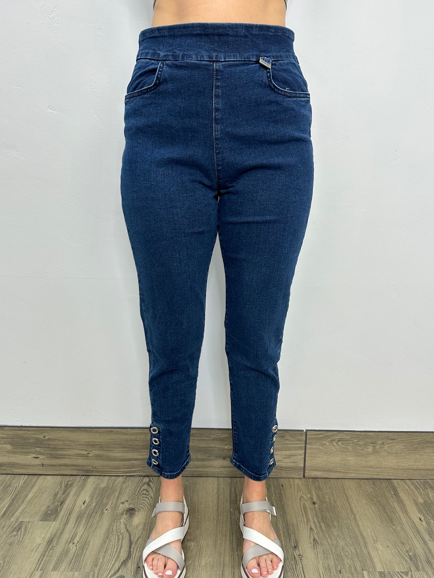 Blue Wash Full Length Denim Jeans with Eyelets