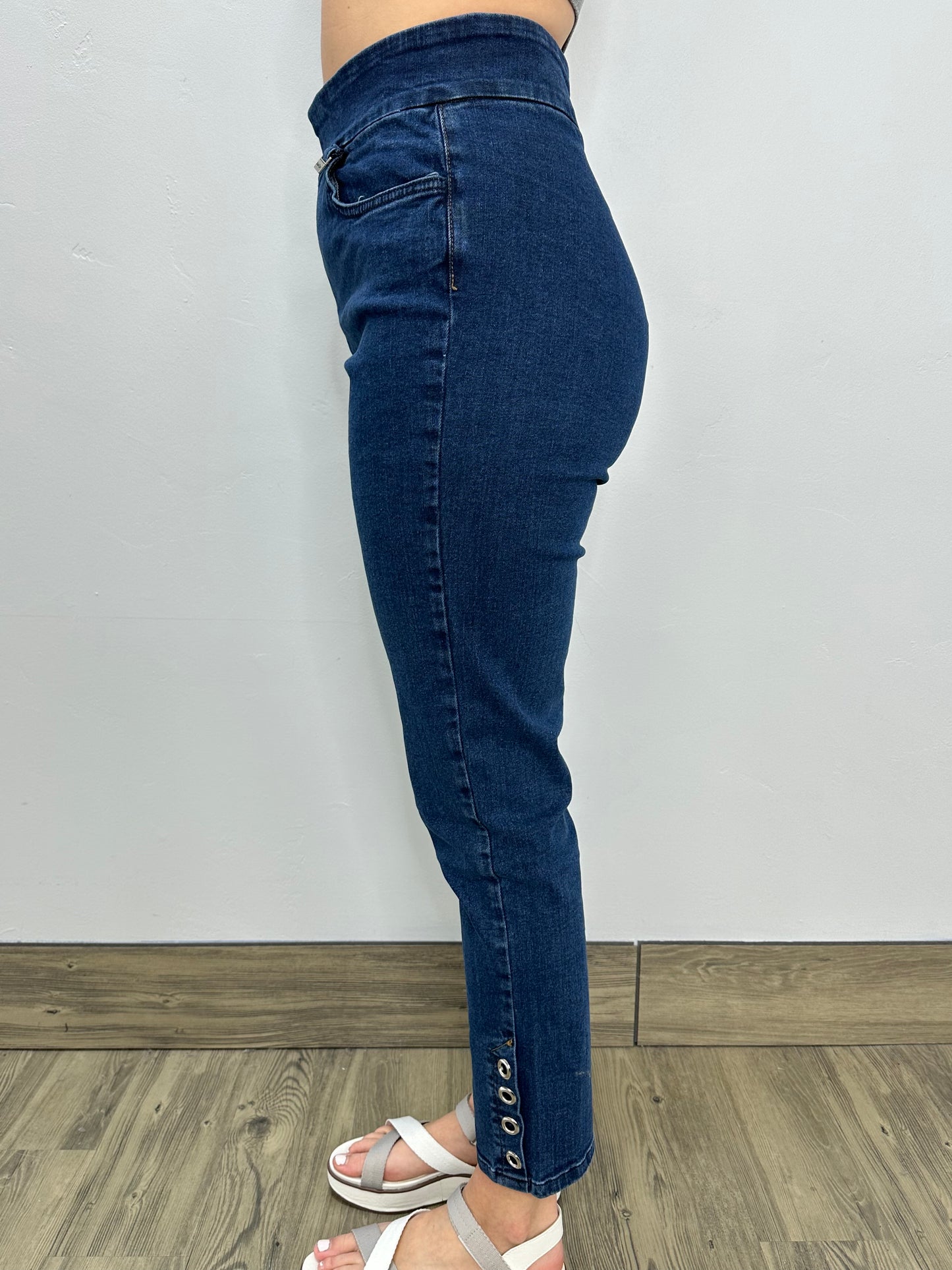 Blue Wash Full Length Denim Jeans with Eyelets