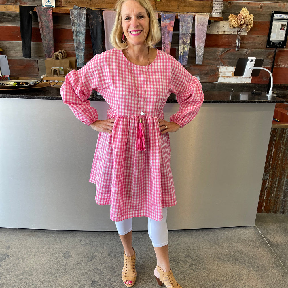 Pink Checkered Poplin Sleeve Dress