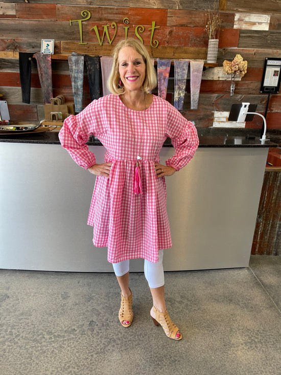 Pink Checkered Poplin Sleeve Dress