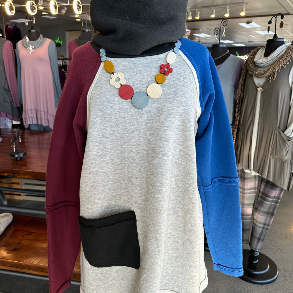 Burgundy Blue and Black Mixed Up Colorado Funnel Neck Sweatshirt with Pocket