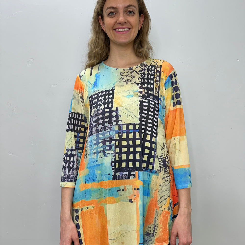 Orange and Yellow Pattern 3/4 Sleeve Crew Neck Slinky Tunic