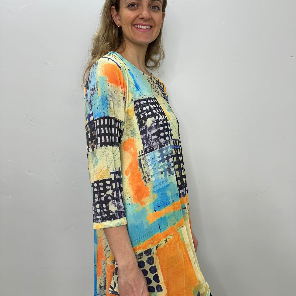 Orange and Yellow Pattern 3/4 Sleeve Crew Neck Slinky Tunic