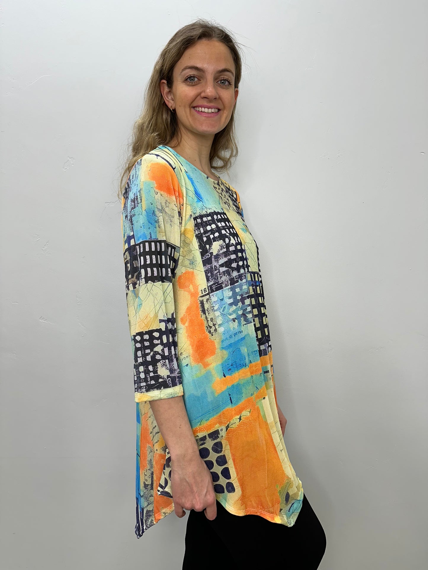 Orange and Yellow Pattern 3/4 Sleeve Crew Neck Slinky Tunic