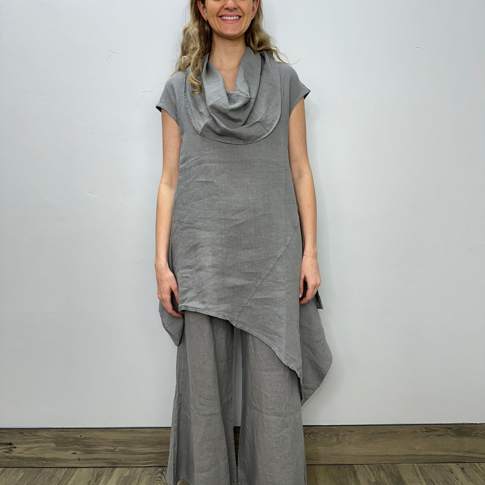 Gray Short Sleeve Cowl Neck Linen Tunic