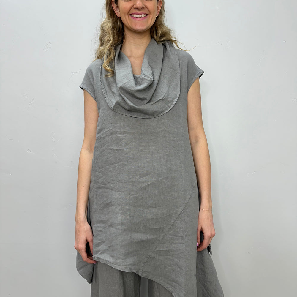 Gray Short Sleeve Cowl Neck Linen Tunic