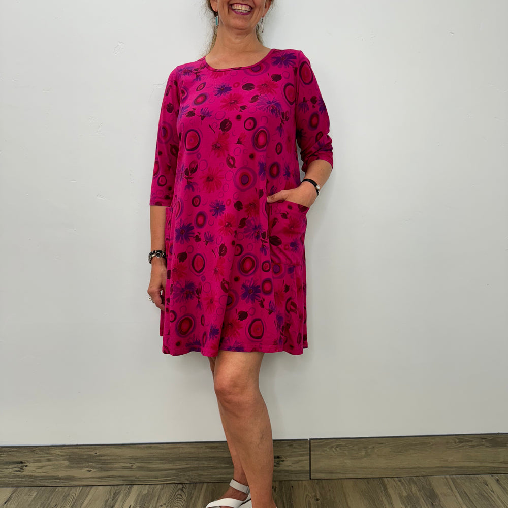 Cerise Pink Pattern 3/4 Sleeve Patch Pocket Dress