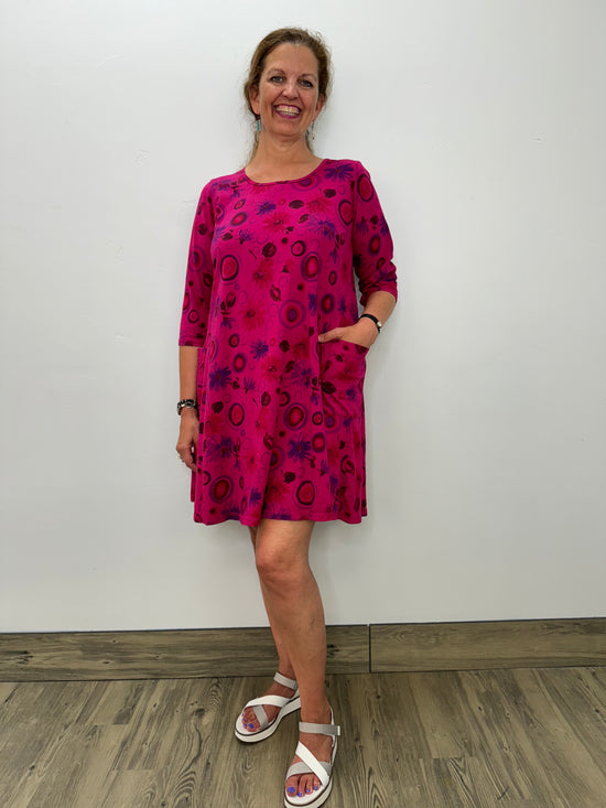Cerise Pink Pattern 3/4 Sleeve Patch Pocket Dress