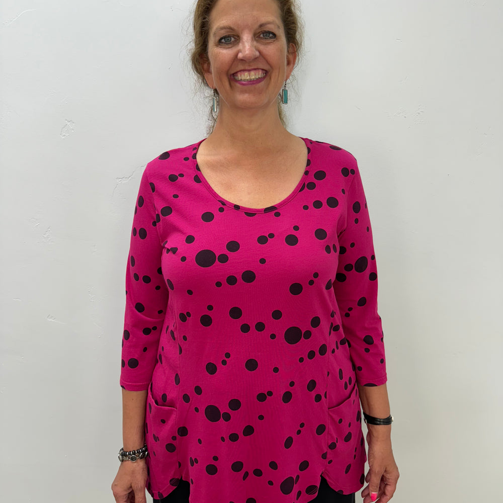 Cerise Pink Polka Dot 3/4 Sleeve Scallop Tunic