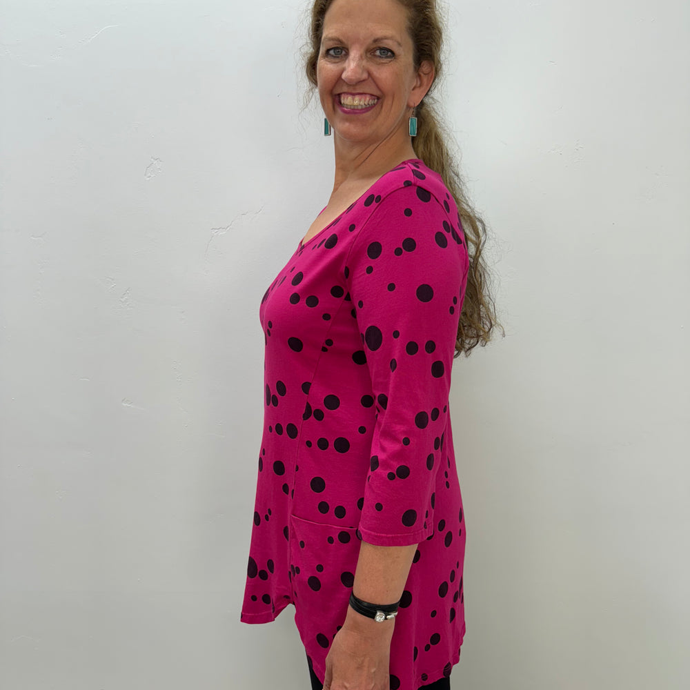 Cerise Pink Polka Dot 3/4 Sleeve Scallop Tunic